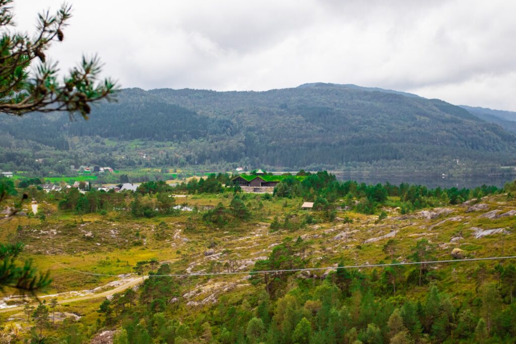 Luftfoto over Hålandsdalen med vide grønne jorder, furuskog og fjell i bakgrunnen på en overskyet dag